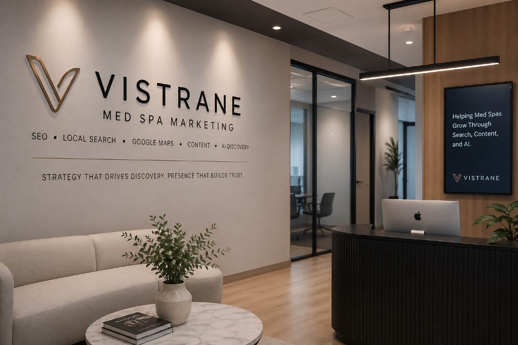 Vistrane office wall branding with reception area and modern interior